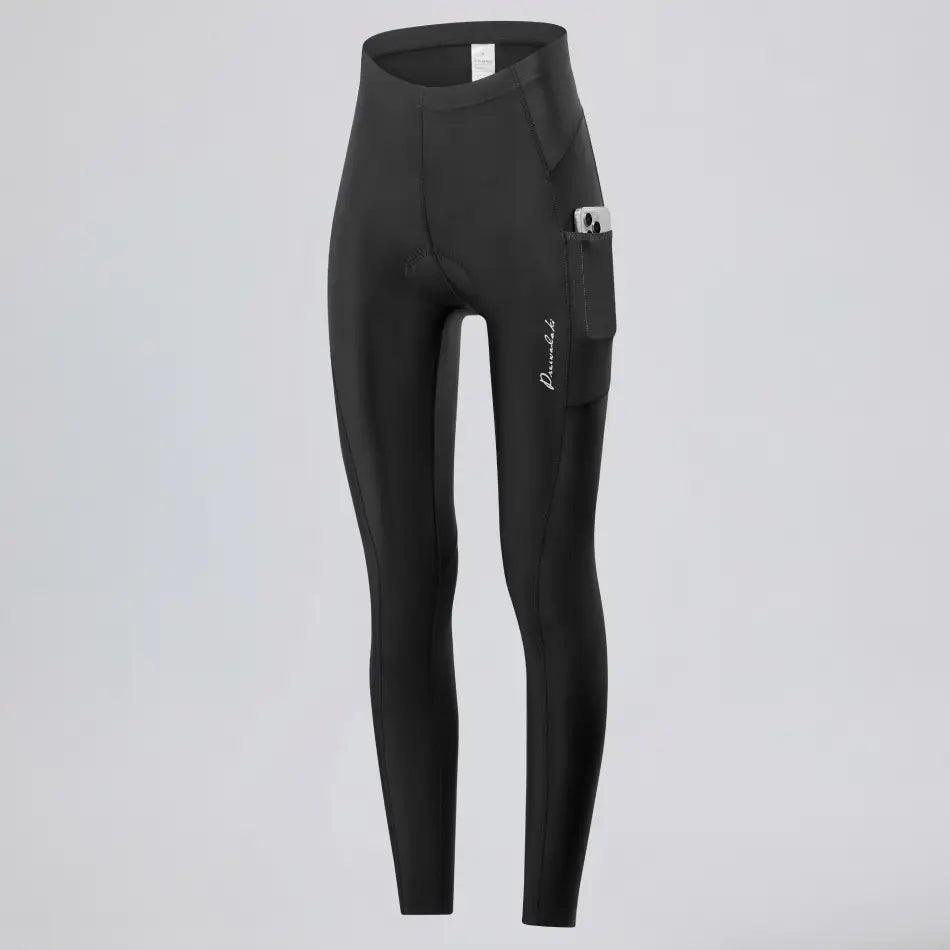 Front three-quarter view of women's lightweight cycling tights showing the side pocket.