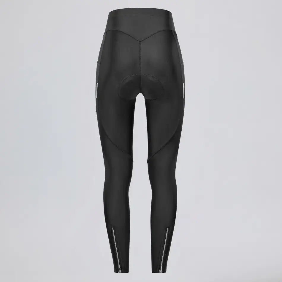 Back view of women's black lightweight cycling tights with side pockets and ankle zippers.