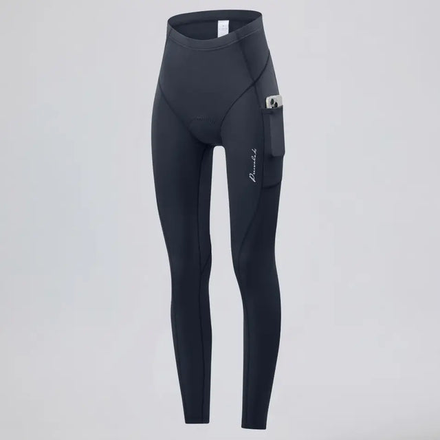 Front three-quarter view of women's thermal fleece cycling tights showing the side pocket.