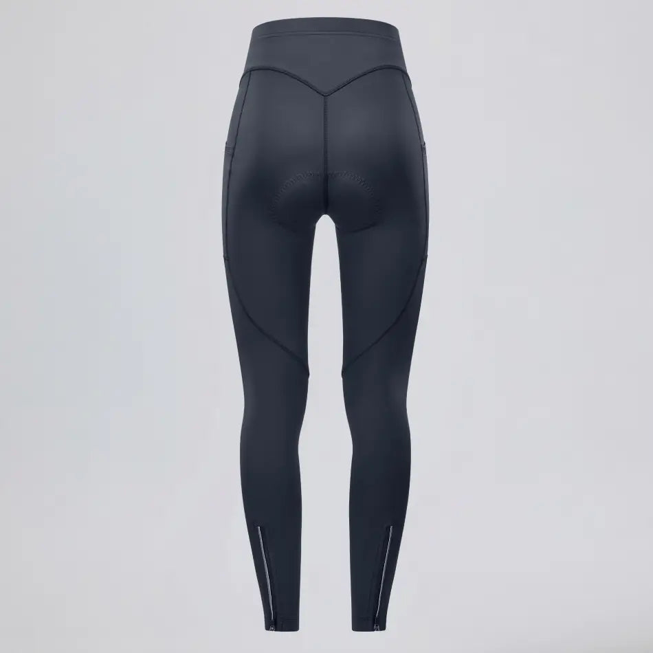 Back view of women's black thermal fleece cycling tights with side pockets and ankle zippers.