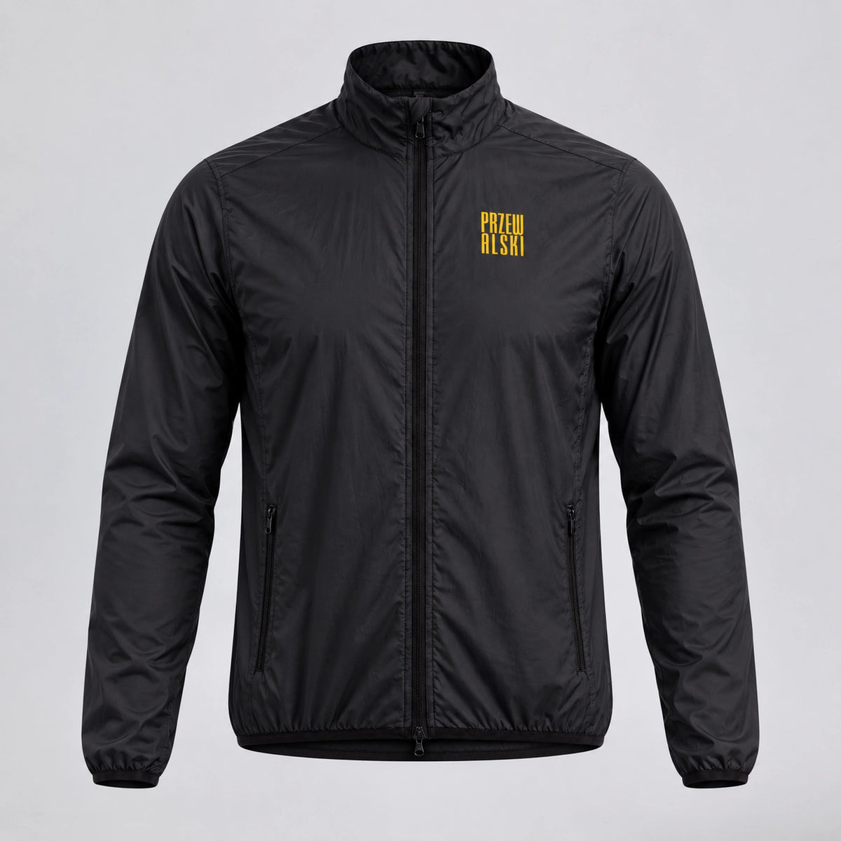 Front view of the black men's lightweight windproof cycling jacket.