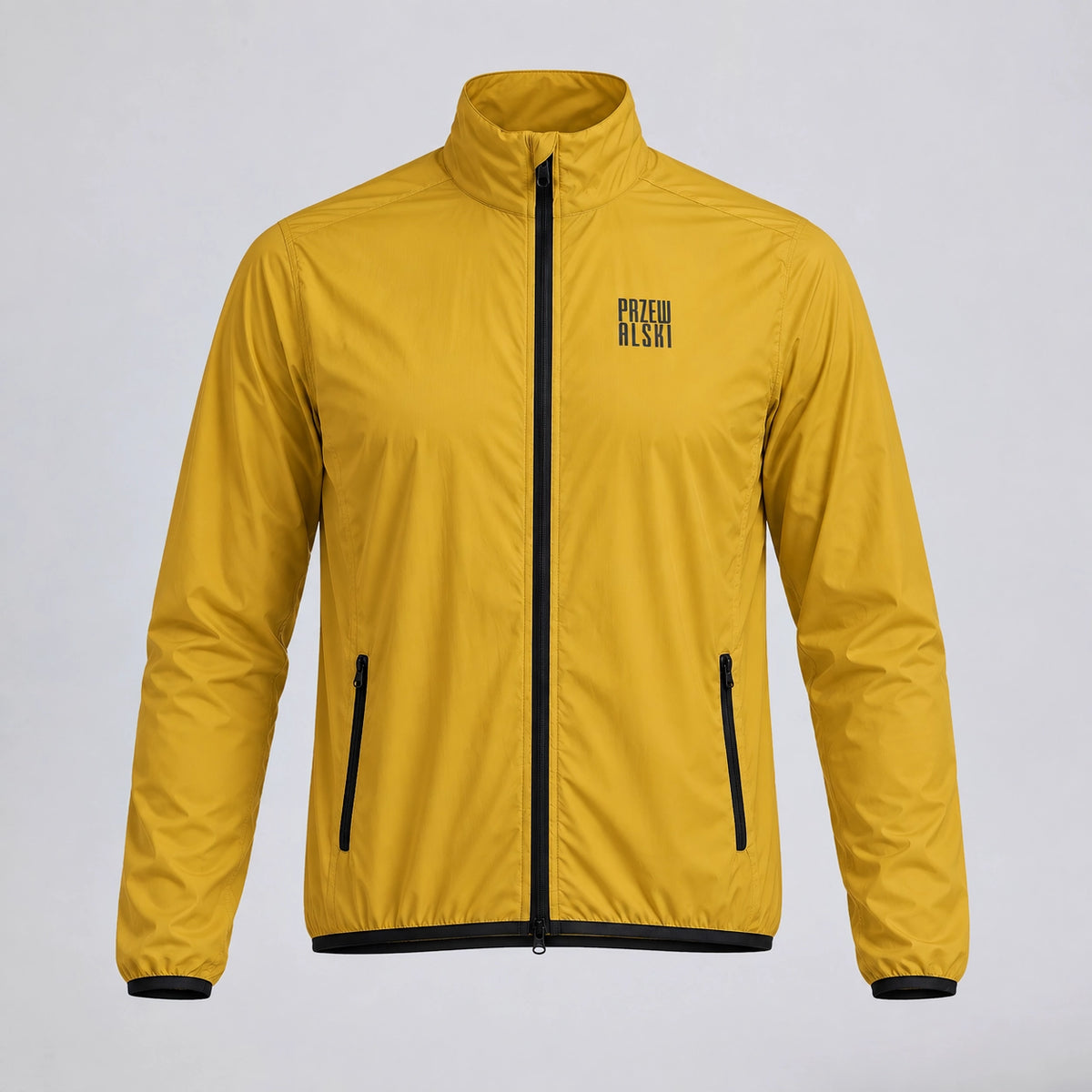 Front view of the orange men's lightweight windproof cycling jacket.
