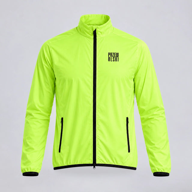 Front view of the green men's lightweight windproof cycling jacket.