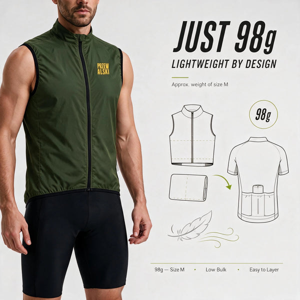 Lightweight green cycling vest weighing 98 grams with packable design