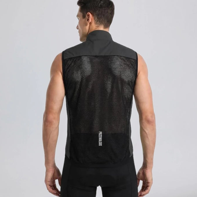 Back view of a model wearing a black men's windproof cycling vest with a breathable mesh panel.