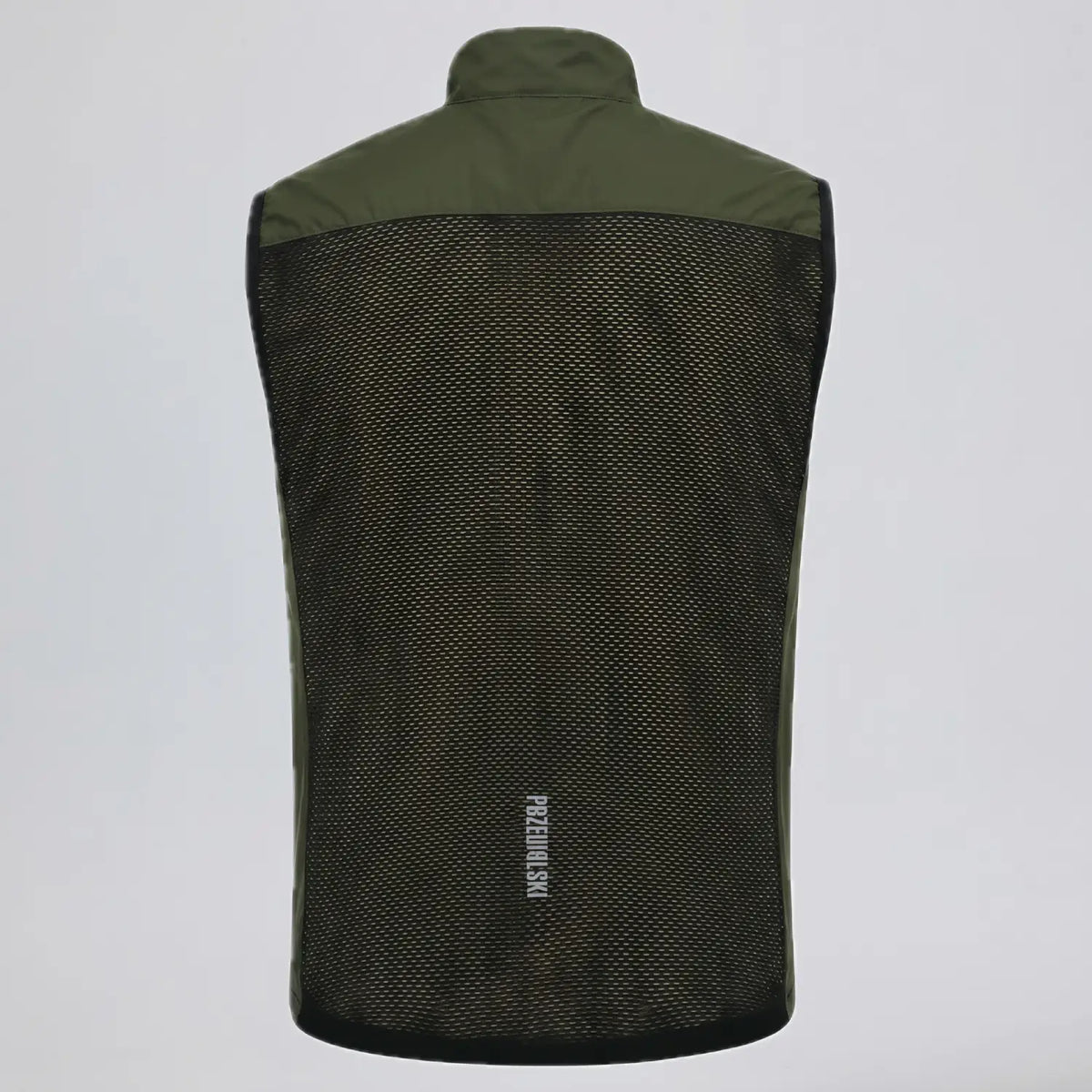 Back view of Przewalski men’s olive green cycling vest with large breathable mesh panel