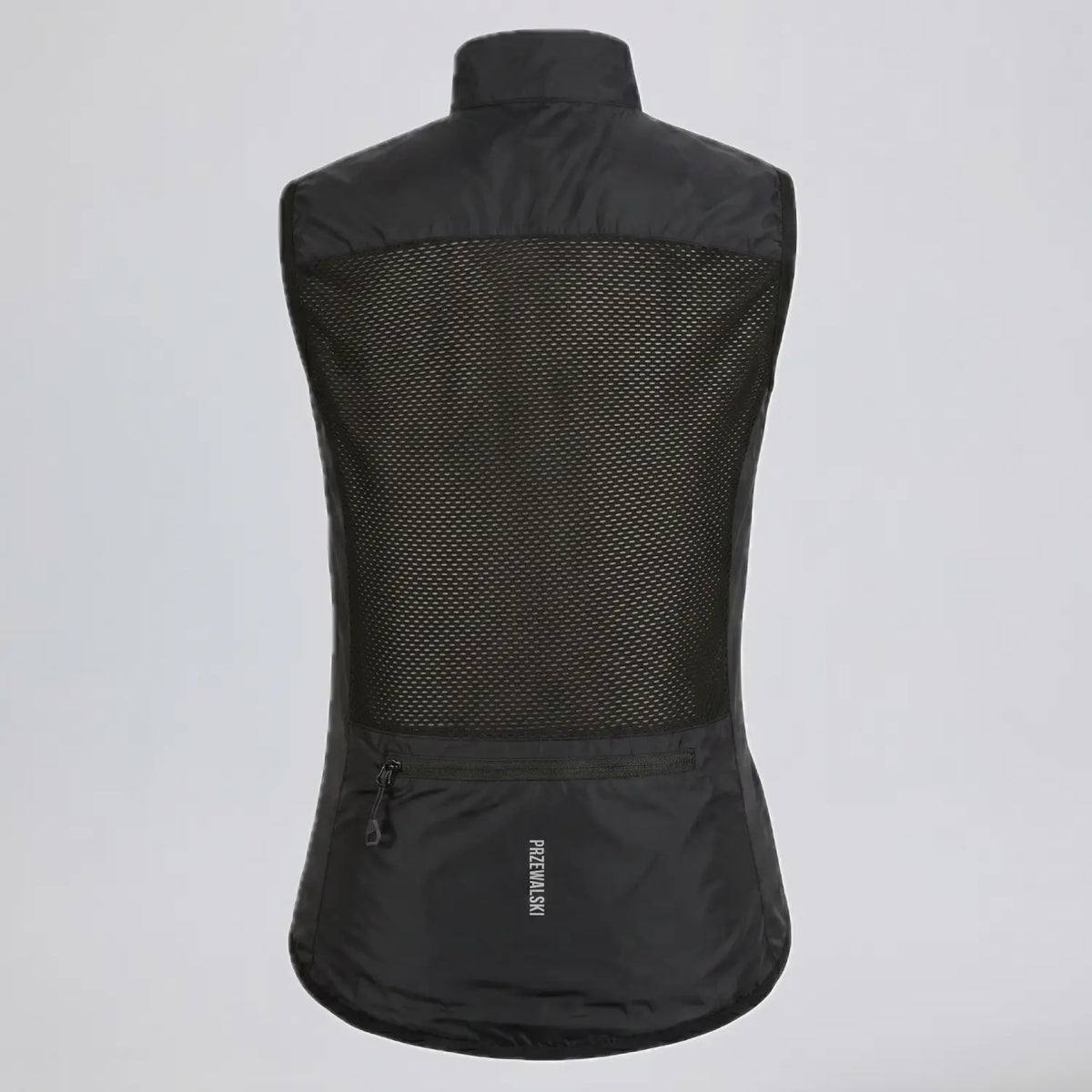 Back view of a black women's windproof cycling vest showing the mesh panel and rear pocket.