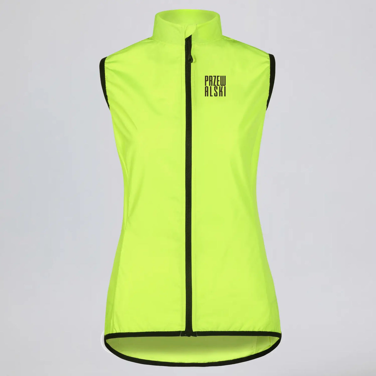 Front view of a bright green women's windproof cycling vest with rear pocket.