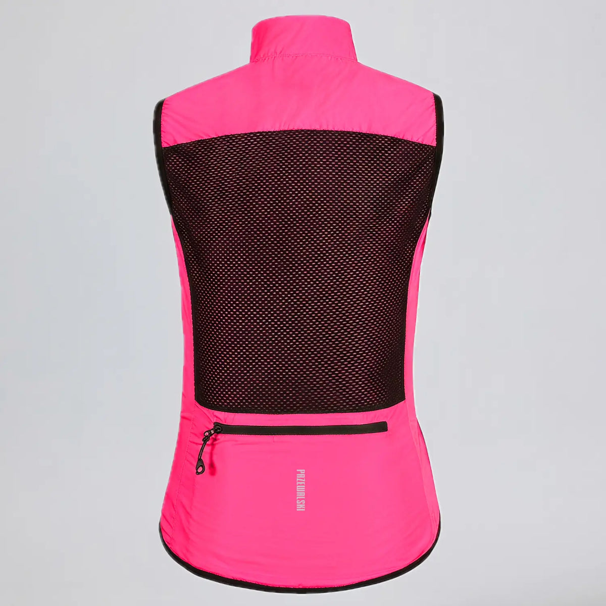 Back view of a rose red women's windproof cycling vest showing the mesh panel and rear pocket.