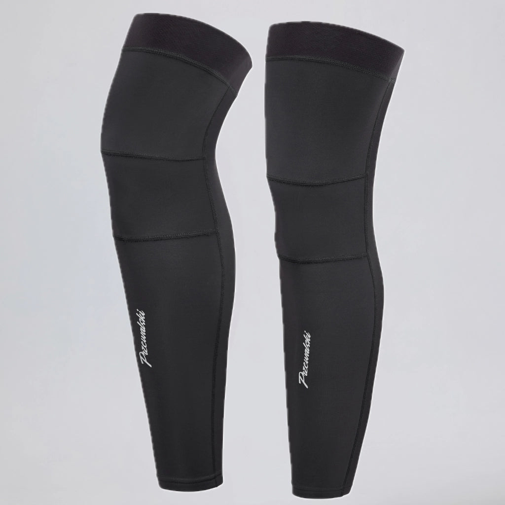 Front view of a pair of black winter cycling leg warmers.