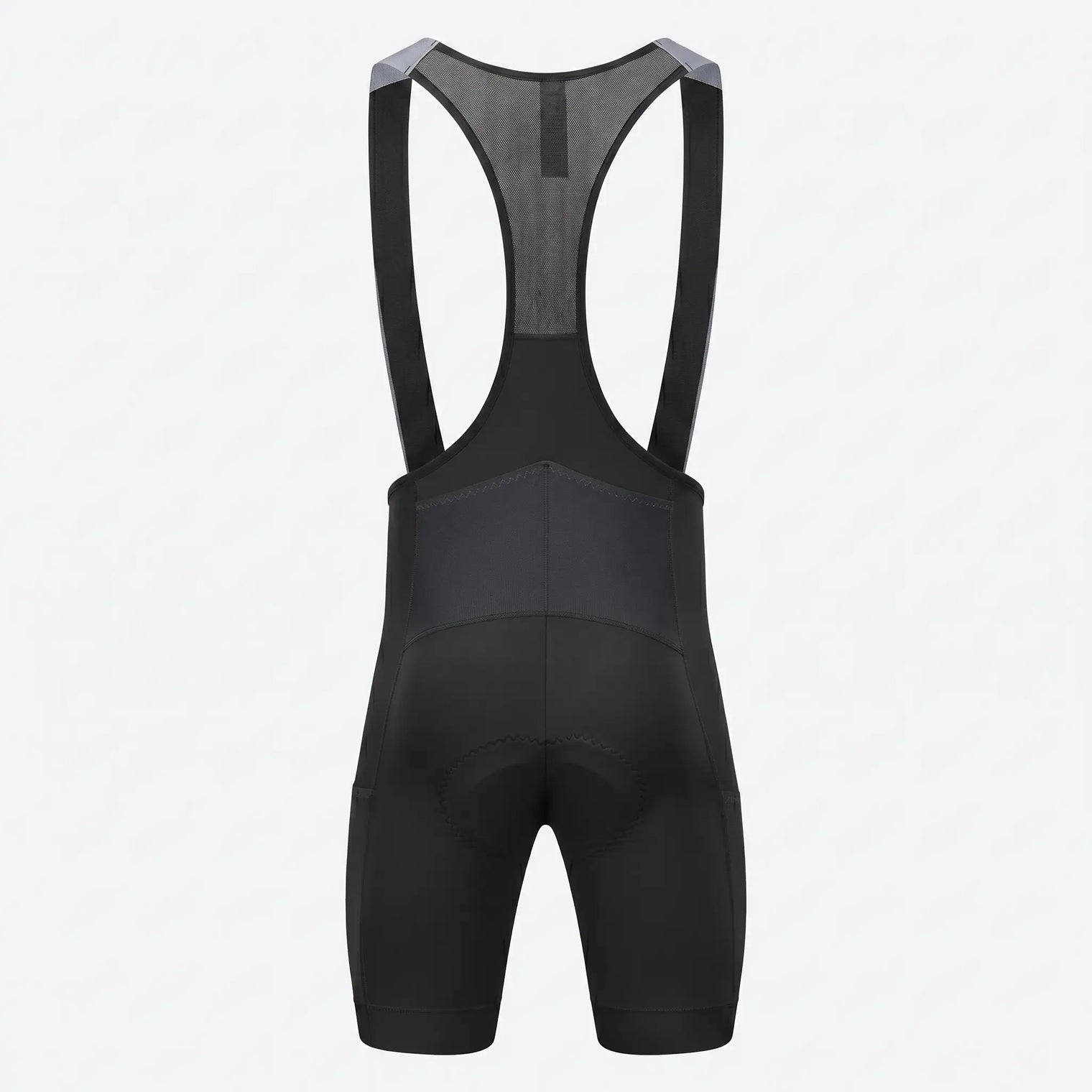 Men’s long distance cycling bib shorts rear view with mesh back, straps, and ergonomic chamois positioning