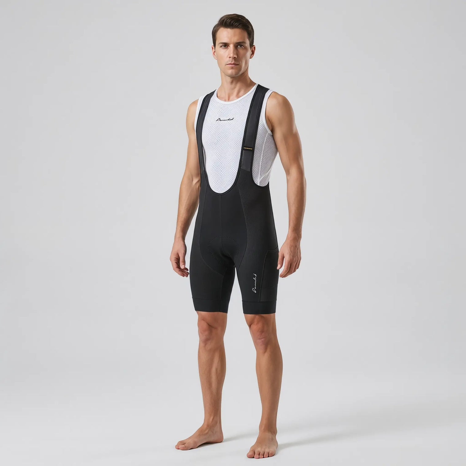 Men’s MTB Racing Bib Shorts PRO angled front view showing fit, wide straps, and compression design
