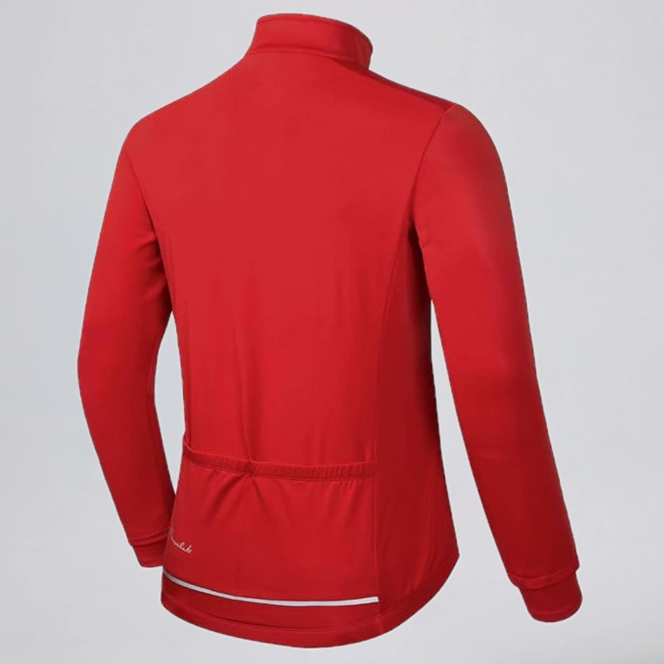 Back view of a red men's winter cycling jacket with a reflective rear strip.