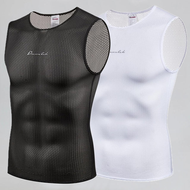Front view of Men's Essential Versatile Cycling Base Layer in black and white, showing sleeveless mesh design in two color options