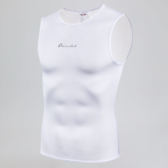 Angled front view of Men's Essential Versatile Cycling Base Layer in white, featuring lightweight mesh fabric and sleeveless design