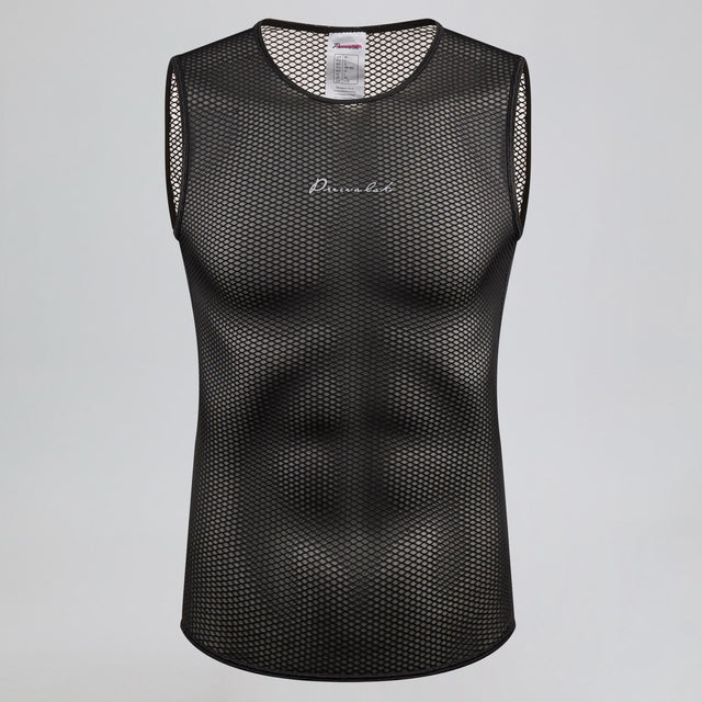 Front view of Men's Essential Versatile Cycling Base Layer in black, featuring sleeveless construction and breathable mesh fabric