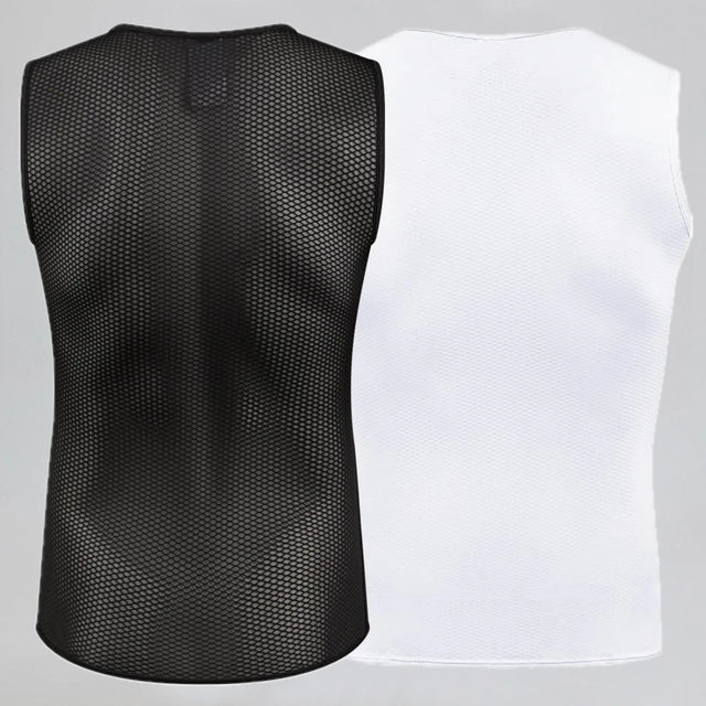 Back view of Men's Essential Versatile Cycling Base Layer in black and white, highlighting breathable mesh construction in two color options