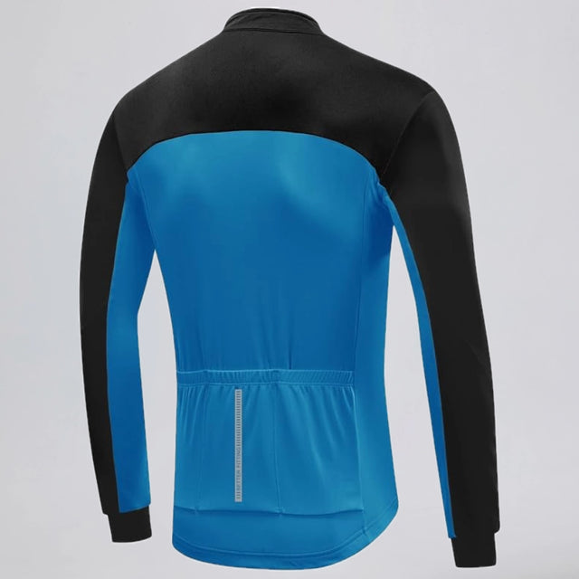 Back three-quarter view of a blue men's winter fleece cycling jacket with rear pockets.