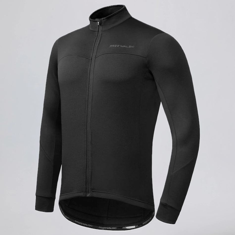 Front three-quarter view of a black men's winter fleece cycling jacket.