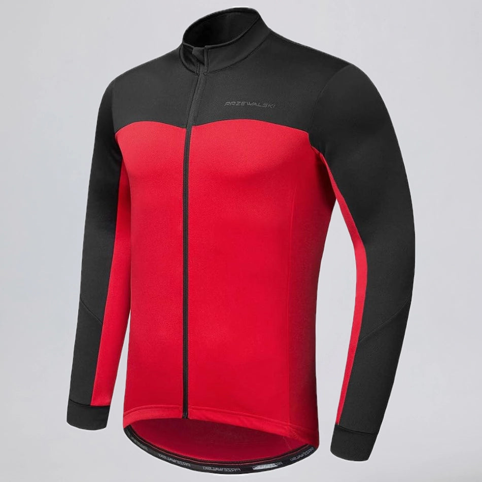 Front view of the red men's winter fleece cycling jacket.