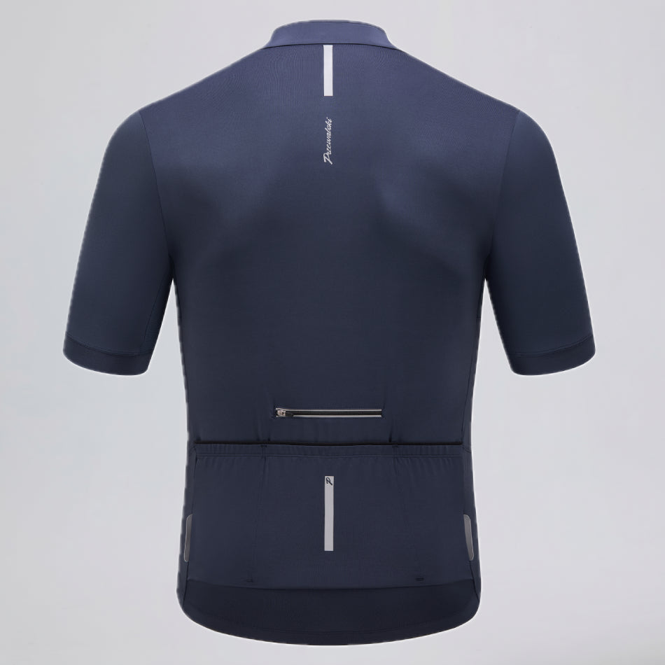 Przewalski men's short sleeve cycling jersey back view with rear pockets and visibility details