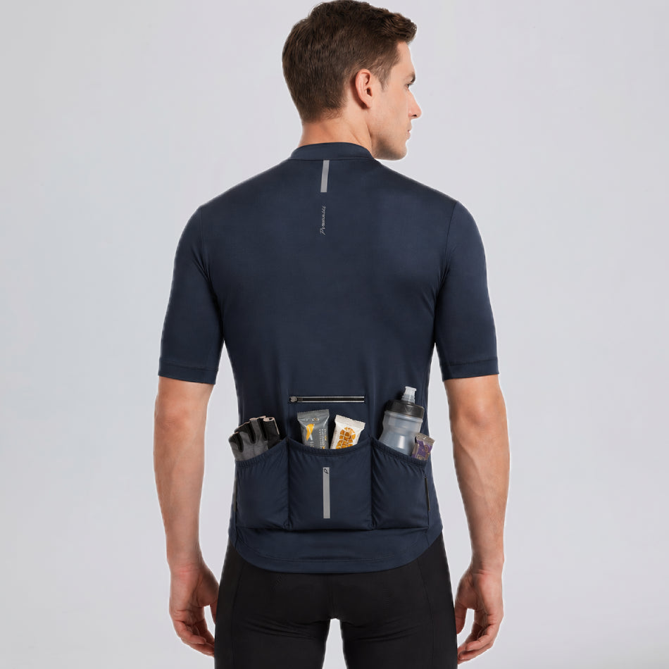 Back view of Przewalski men's cycling jersey with loaded rear pockets for road rides