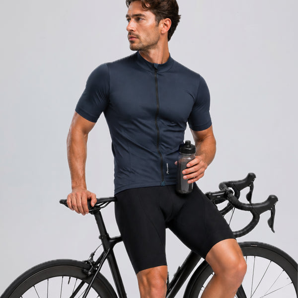 Przewalski men's navy short sleeve cycling jersey worn with bike and water bottle
