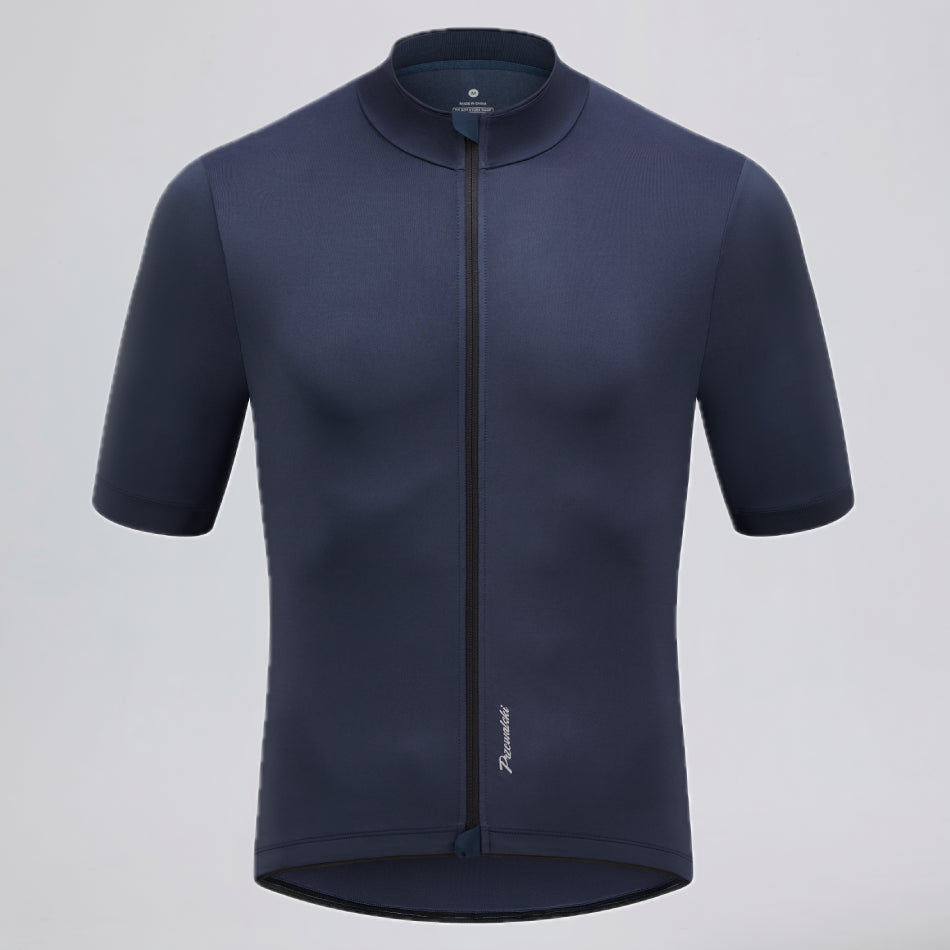 Przewalski men's navy short sleeve cycling jersey front view with blade collar and full zipper