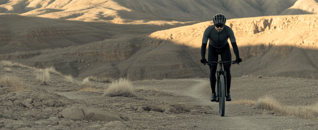 A cyclist in full-length black cycling apparel rides on a rugged dirt trail
