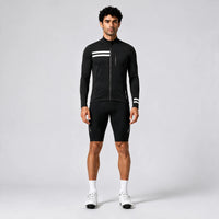 Full-length front view of a model wearing a black men's thermal cycling jacket.