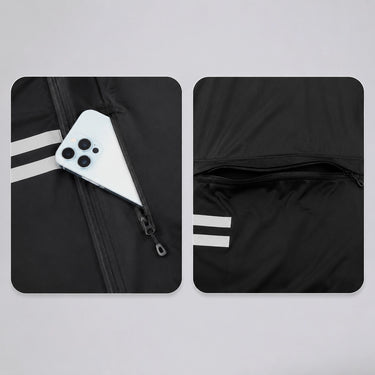 Close-up of the chest and rear zipper pockets on a black men's thermal cycling jacket.