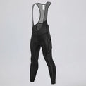 Front three-quarter view of black men's winter fleece cycling bib tights with a side pocket.