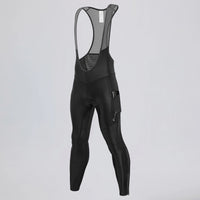 Front three-quarter view of black men's winter fleece cycling bib tights with a side pocket.