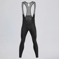 Front view of black men's winter fleece cycling bib tights with side pockets.