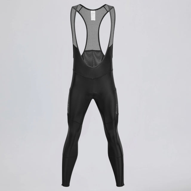 Front view of black men's winter fleece cycling bib tights with side pockets.