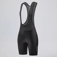 Front three-quarter view of black women's road cycling bib shorts.