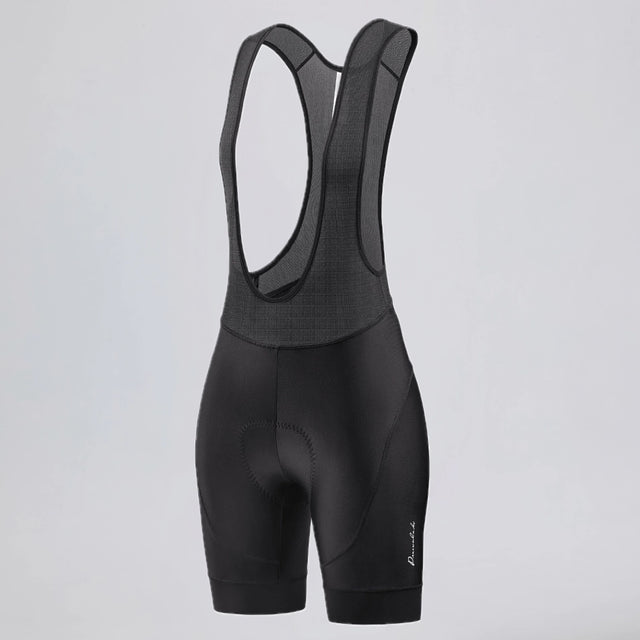 Front three-quarter view of black women's road cycling bib shorts.