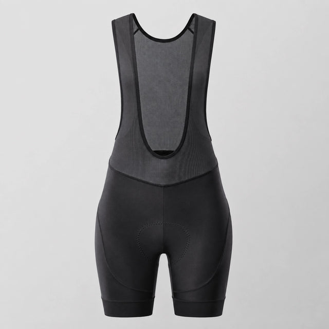Front view of black women's road cycling bib shorts.