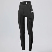 Front three-quarter view of women's lightweight cycling tights showing the side pocket.