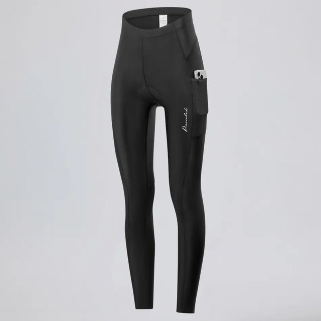 Front three-quarter view of women's lightweight cycling tights showing the side pocket.