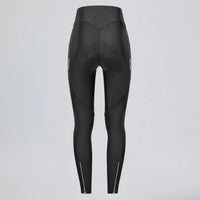Back view of women's black lightweight cycling tights with side pockets and ankle zippers.