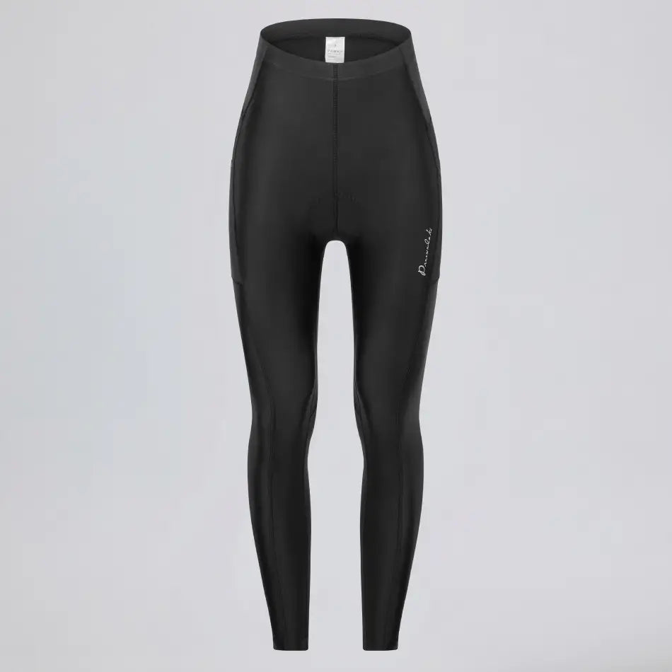 Front view of women's black lightweight cycling tights with side pockets.
