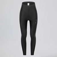 Front view of women's black lightweight cycling tights with side pockets.