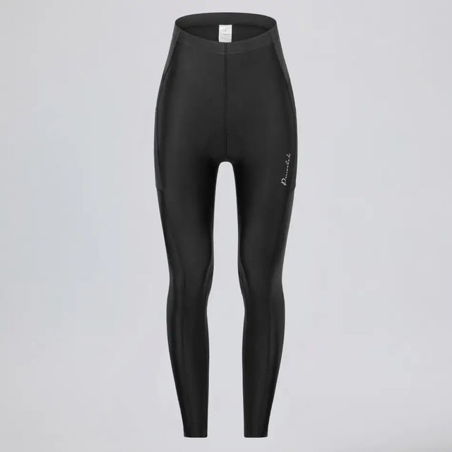 Front view of women's black lightweight cycling tights with side pockets.