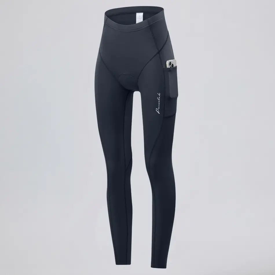 Front three-quarter view of women's thermal fleece cycling tights showing the side pocket.