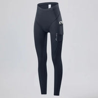 Front three-quarter view of women's thermal fleece cycling tights showing the side pocket.