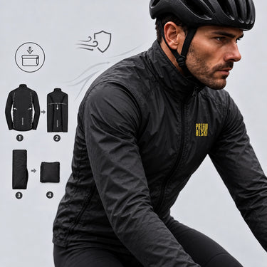 Packable black lightweight windproof cycling jacket shown worn and folded