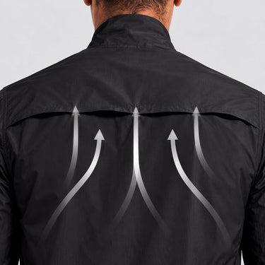 Rear ventilation panel on a black lightweight windproof cycling jacket