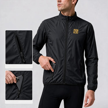 Front view of men's black lightweight windproof cycling jacket with chest and side zip pockets