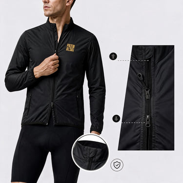 Men's black lightweight windproof cycling jacket with zip pockets and packable storage